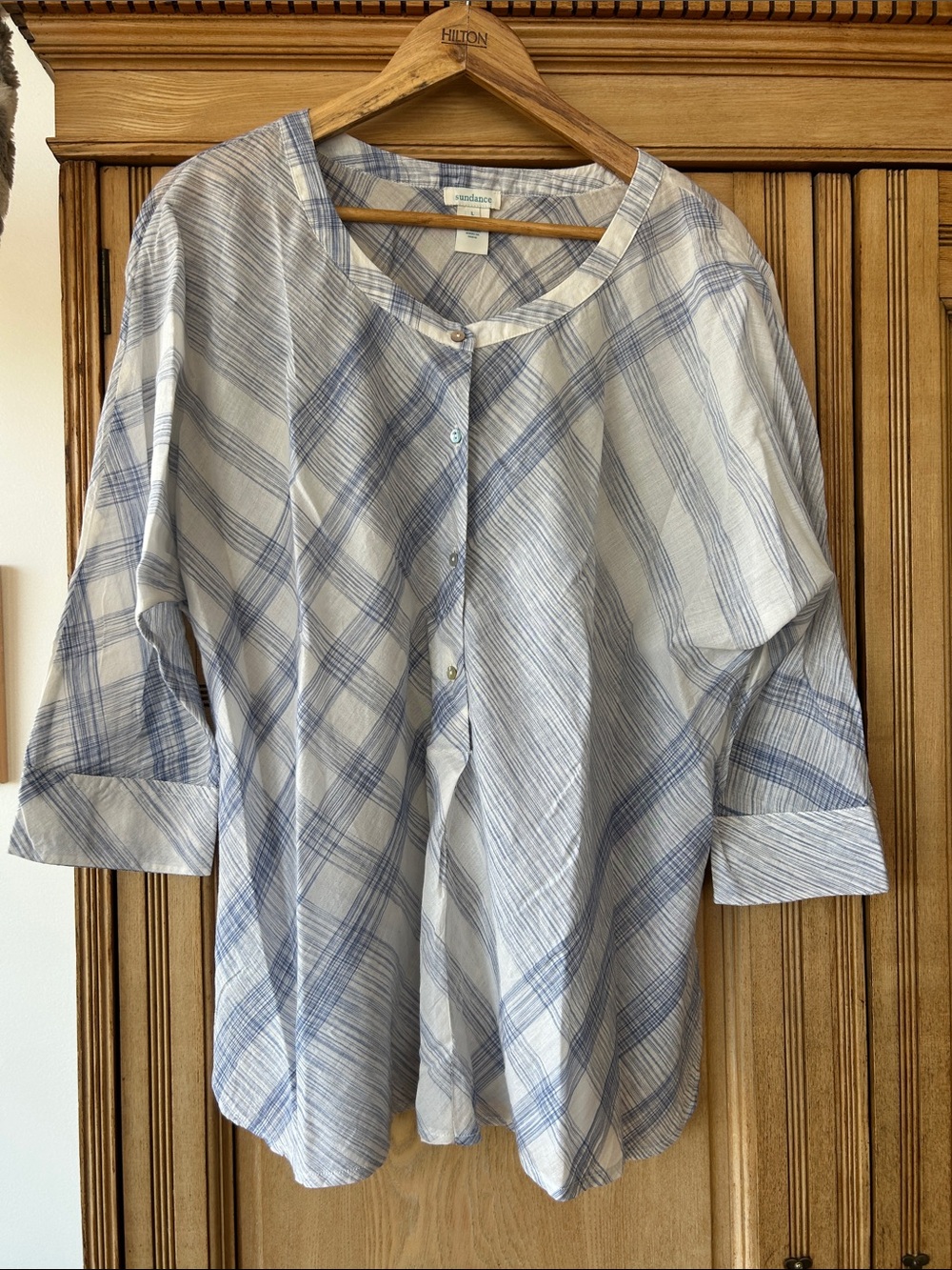 Sundance Light Blue and White Plaid Button-Up Shirt Large
